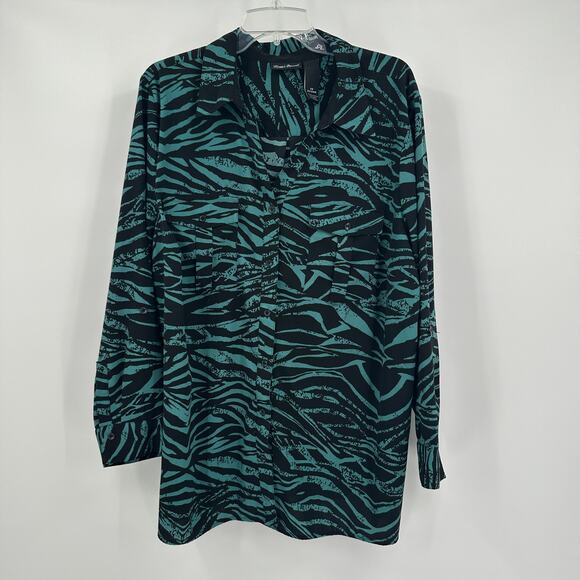 Maggie Barnes Womens Size 2X Button Up Top Zebra Animal Print Blouse Teal - Picture 1 of 8